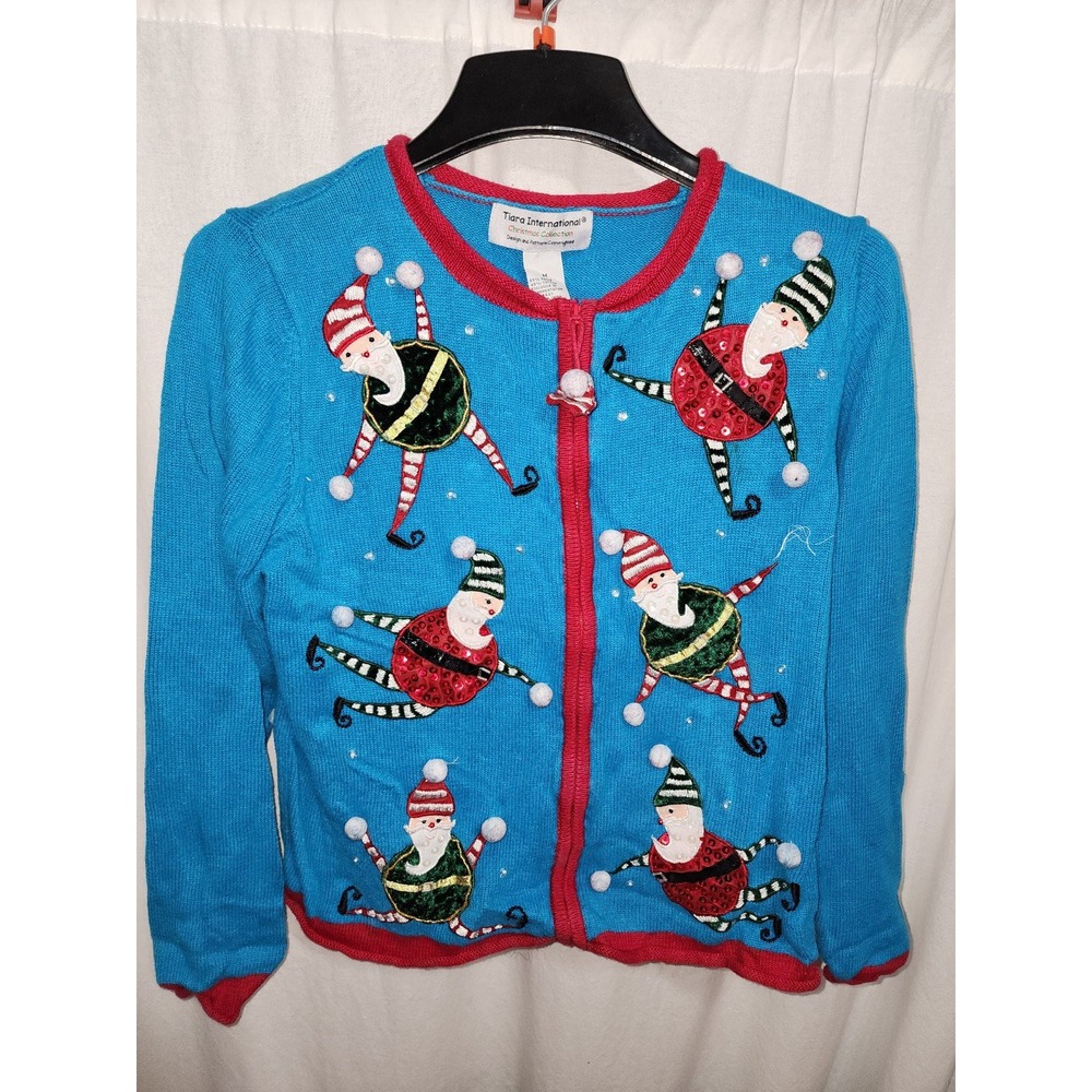 Christmas Sweater Tiara International Zipper‎ Cardigan Santa